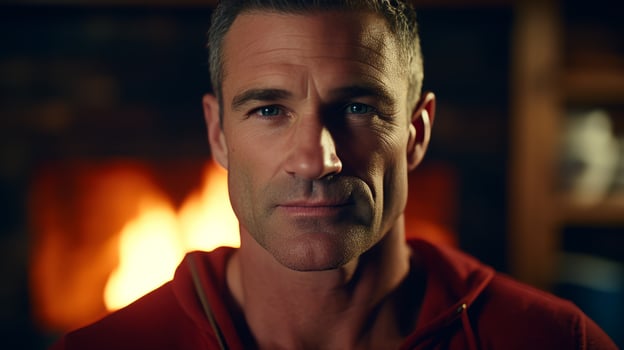 AI generated Handsome man posing in front of fireplace. Generative AI photo