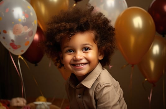 AI generated a smiling little boy with balloons on the table photo