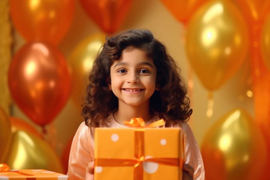 AI generated children smiling with gift boxes and balloons on the floor photo