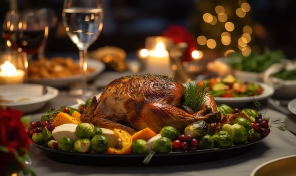 AI generated thanksgiving dinner is being served on a white plate photo