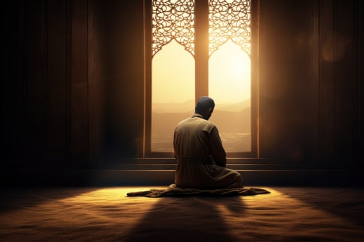 AI generated the man kneels in quiet and praying by the window photo