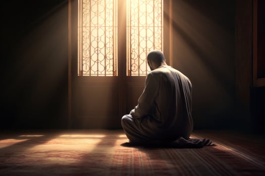AI generated the man kneels in quiet and praying by the window photo