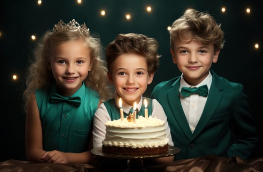 AI generated three brightly lit children with birthday cake photo