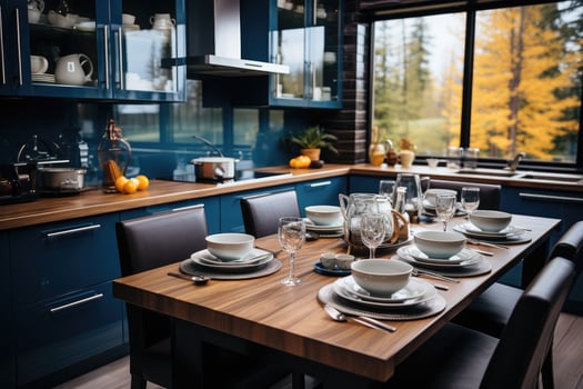 AI generated young style kitchen with modern navy colors professional advertising photography photo