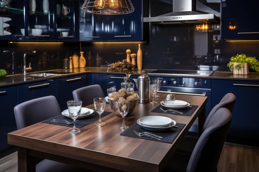 AI generated young style kitchen with modern navy colors professional advertising photography photo