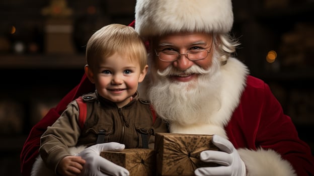 AI generated happy kid meet santa claus on christmas photo