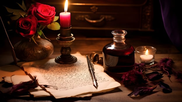 AI generated Quill pen, inkwell and red roses on a wooden table photo