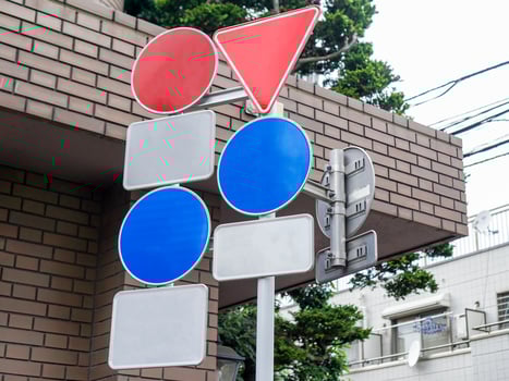 Many road signs safety pole at crossroad photo