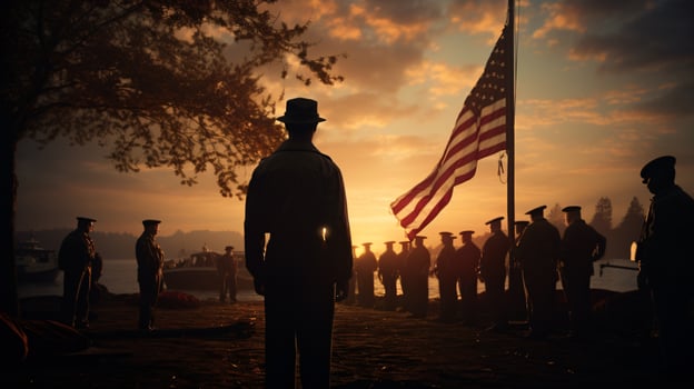 AI generated US Army respects in front of a ship with the American flag in silhouette landscape photo