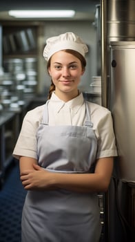 AI generated young woman chef in a restaurant kitchen looking at camera photo