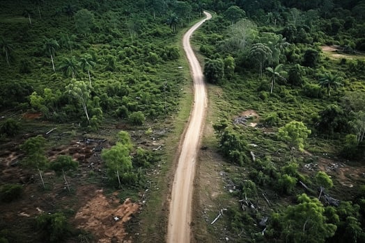 AI generated Aerial view of a road in the middle of the forest , road curve construction up to mountain photo