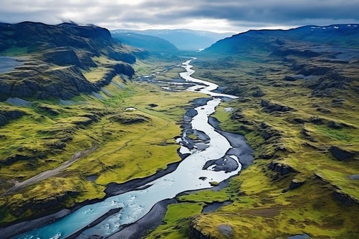 AI generated River and green forest natural park, aerial view photo