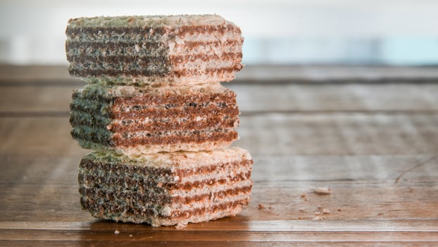 Close up from mini hazelnut wafers with copy space photo