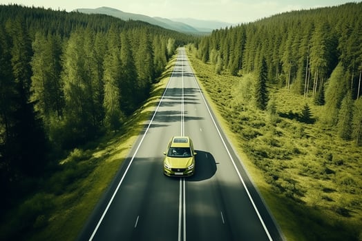 AI generated Aerial view of a road in the middle of the forest photo