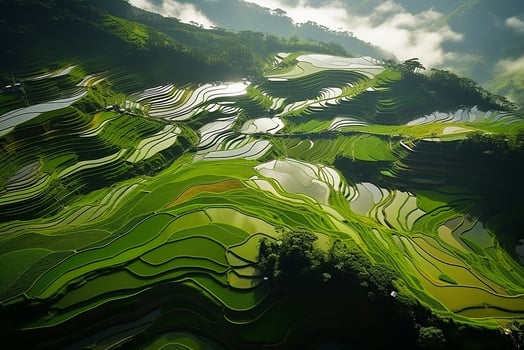 AI generated Top view or aerial shot of fresh green and yellow rice fields photo
