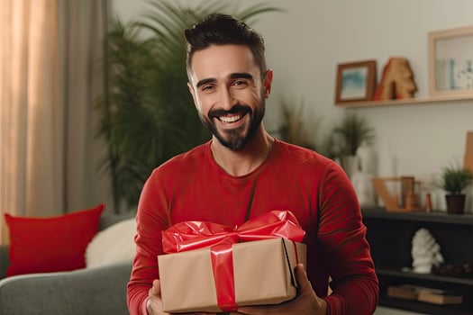 AI generated Man holding Christmas gift box at home. photo