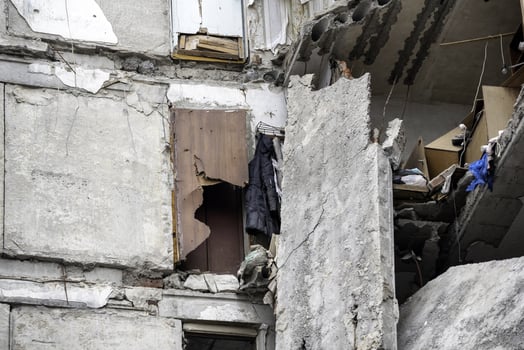 destroyed and burned houses in the city Russia Ukraine war photo