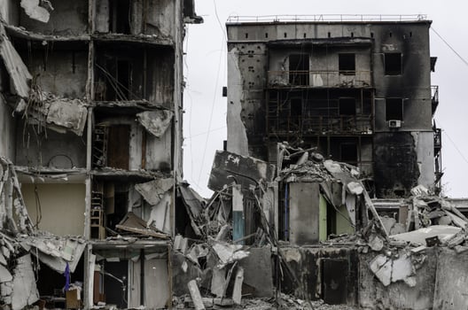 destroyed and burned houses in the city Russia Ukraine war photo