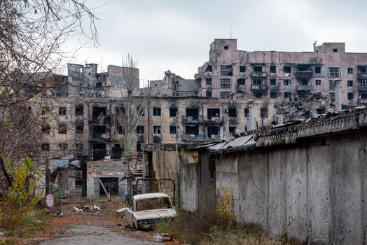 destroyed and burned houses in the city Russia Ukraine war photo