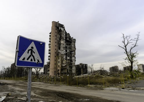 destroyed and burned houses in the city Russia Ukraine war photo