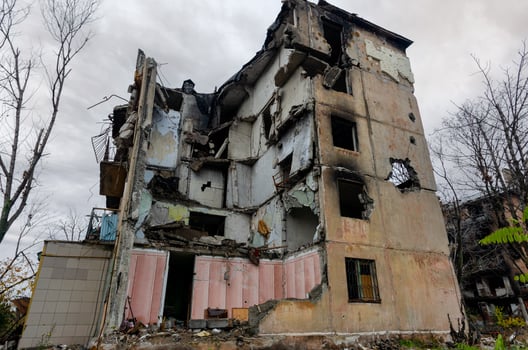 destroyed and burned houses in the city Russia Ukraine war photo