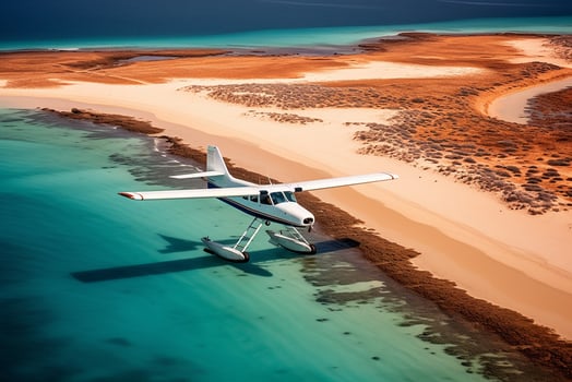 AI generated A seaplane taking off on blue ocean beach with blue water photo