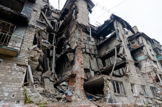 destroyed and burned houses in the city Russia Ukraine war photo