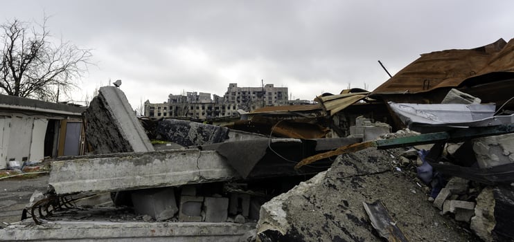 destroyed and burned houses in the city Russia Ukraine war photo