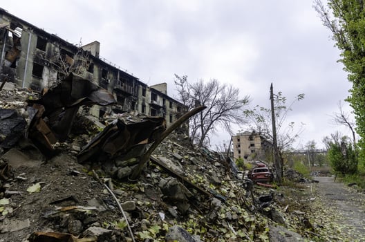 destroyed and burned houses in the city Russia Ukraine war photo