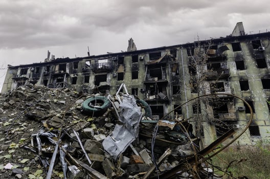 destroyed and burned houses in the city Russia Ukraine war photo