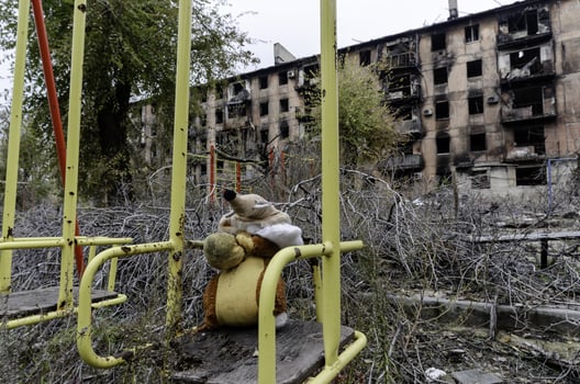 destroyed and burned houses in the city Russia Ukraine war photo
