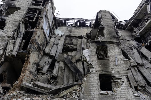 destroyed and burned houses in the city Russia Ukraine war photo