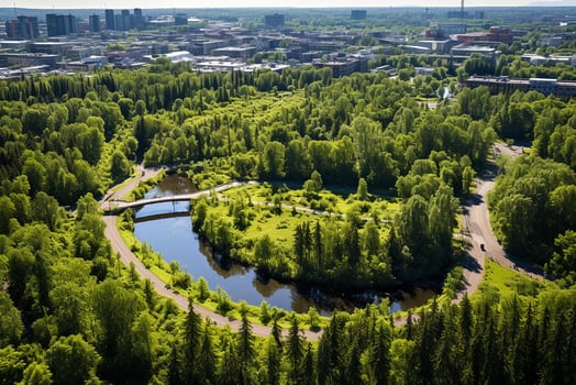 AI generated drone aerial birds eye view of a large green grass forest with tall trees and a big blue bendy river flowing through the forest photo