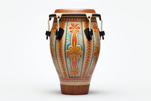 AI generated Wooden conga drum with carved ornaments isolated on a white background. Traditional percussion musical instrument of Afro-Cuban culture. Suitable for music-related projects photo