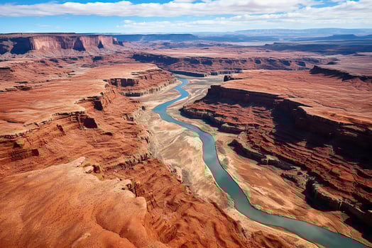 AI generated aerial birds eye view of a large and tall mountains and a big blue bendy river flowing through the mountains photo