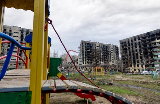 destroyed and burned houses in the city Russia Ukraine war photo