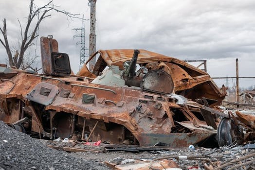 burnt tank and destroyed buildings of the Azovstal plant shop in Mariupol photo