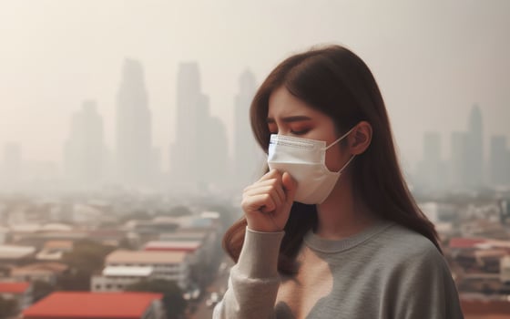 AI generated A woman wearing a protective mask coughs in a capital filled with PM2.5 smog and heavy metals in the air photo