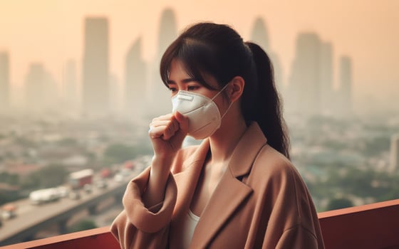 AI generated A woman wearing a protective mask coughs in a capital filled with PM2.5 smog and heavy metals in the air photo