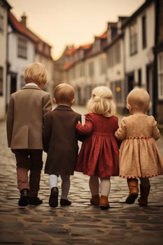 AI generated Back view photo of young children on a historic street