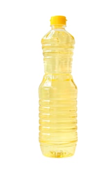 Light yellow cooking or vegetable oil in small plastic bottle isolated on white background with clipping path photo