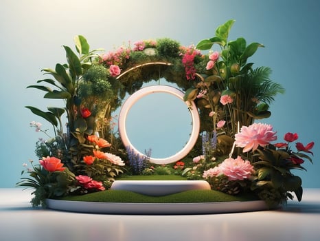 AI generated Magic garden with flowers and a round portal Bright summer photo