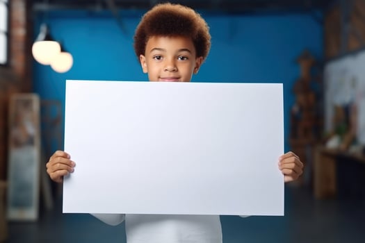 AI generated Little boy holding a blank white sheet of paper photo