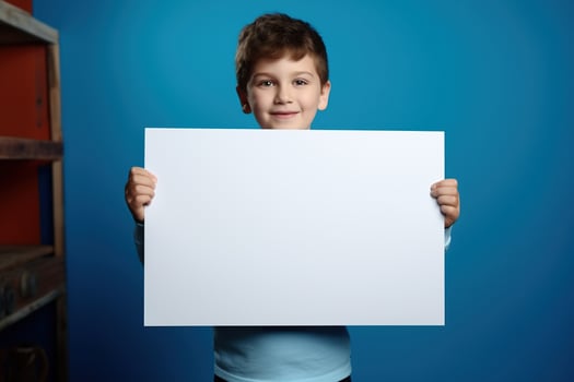 AI generated Little boy holding a blank white sheet of paper photo