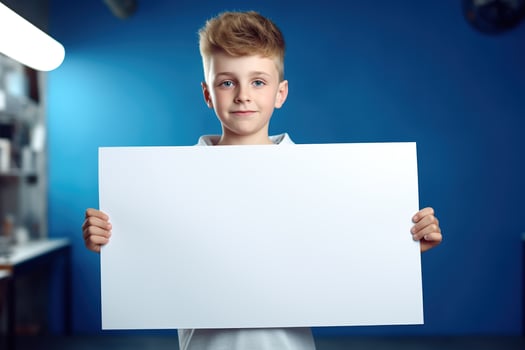 AI generated Little boy holding a blank white sheet of paper photo