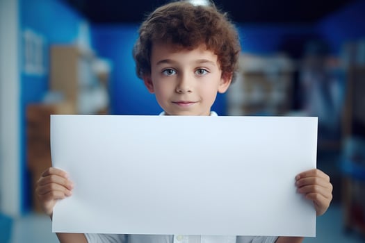 AI generated Little boy holding a blank white sheet of paper photo