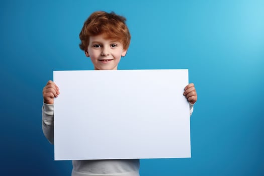 AI generated Little boy holding a blank white sheet of paper photo