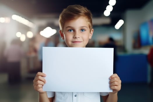 AI generated Little boy holding a blank white sheet of paper photo