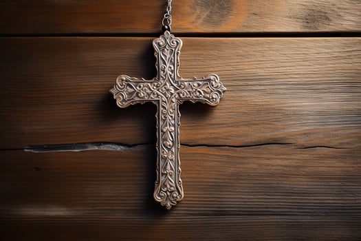 AI generated Wooden christian cross on a wooden background.Christian religion concept. photo