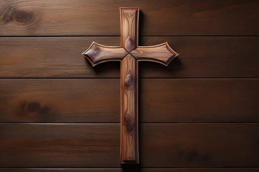 AI generated Wooden christian cross on a wooden background.Christian religion concept. photo